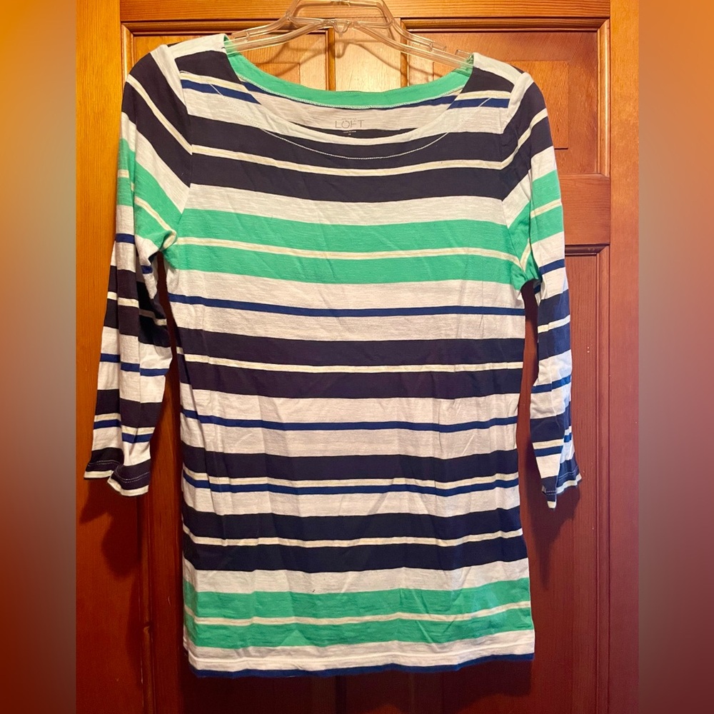 LOFT Women's 3/4 Sleeve Striped Tee - Navy, Green, White. Size Medium